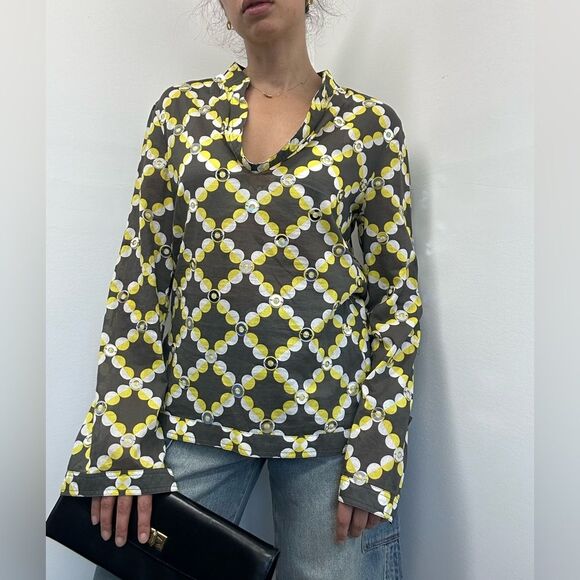 Tory Burch Geometric Multi-color sequined Blouse Long Sleeve Scoop Neck Size 10 - Picture 3 of 11